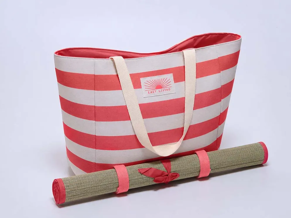 BOLSO PLAYA CON ESTERILLA RAYAS ROSA