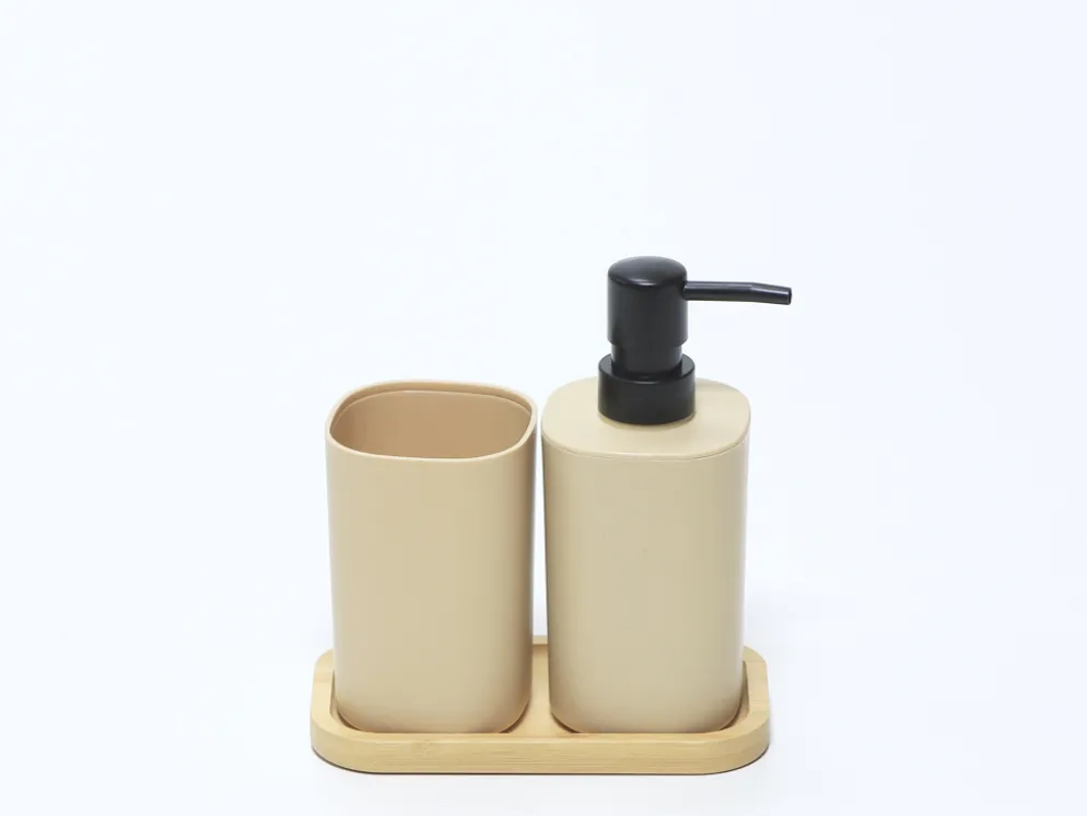 JUEGO DE BAÑO BEIGE CON BANDEJA BAMBU
