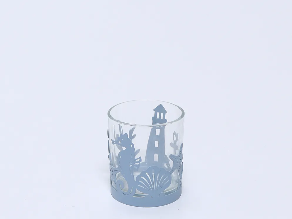 PORTAVELAS VIDRIO METAL MARINO CELESTE 7X8